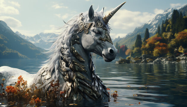 Artistic recreation of a epic unicorn in a lake