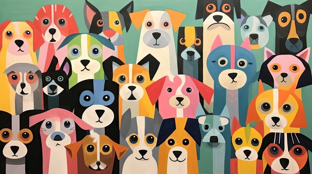  a painting of a group of dogs with different colored faces.  generative ai