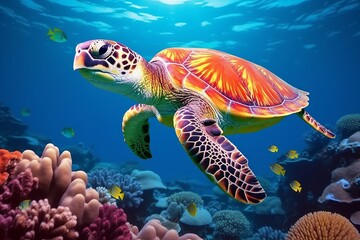 Sea turtle swimming in the under sea , Beautiful Underwater and colorfull coral in wild nature of the Pacific Ocean, Generative AI