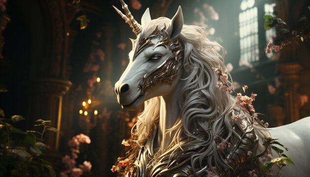 Recreation of a classic unicorn in a magic place, legendary creature