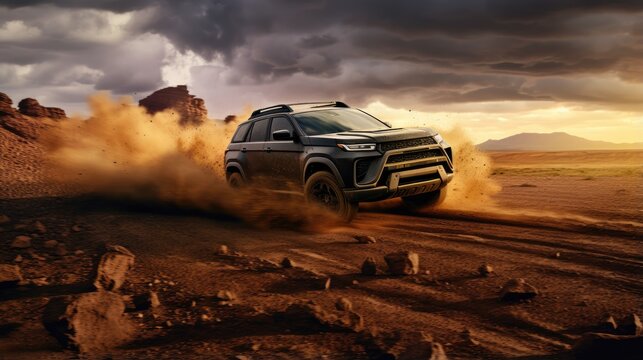 thrill of off-road racing as an SUV conquers a challenging gravel road in the evening light.
