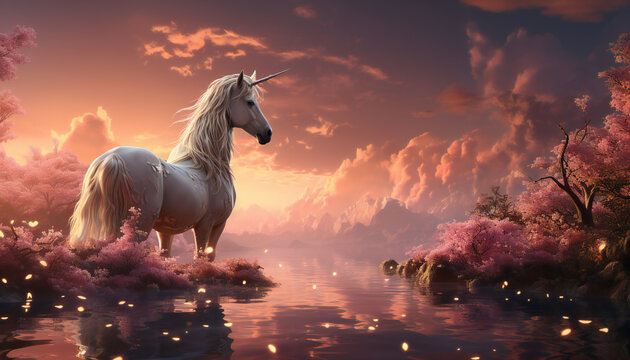 Artistic recreation of a white unicorn in a lake at sunset surrounded of fantasy, legendary creature. Illustration AI