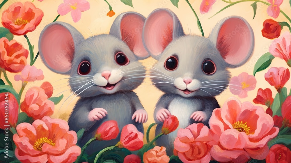 Poster  a painting of two mice sitting in a field of flowers.  generative ai