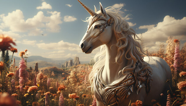 Artistic recreation of a unicorn in a field of fantasy, legendary creature. Illustration AI