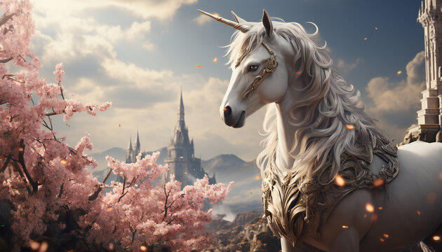 Recreation of a special unicorn in a magic place, legendary creature