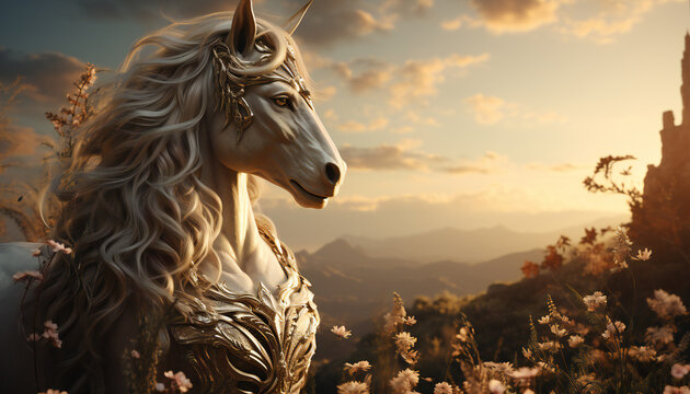 Artistic recreation of a beautiful white horse  at magical sunset, legendary creature. Illustration AI