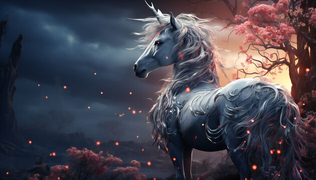 Artistic recreation of a white horse unicorn in a field of fantasy, legendary creature. Illustration AI