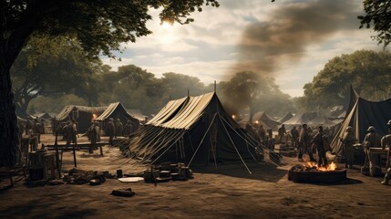military tent city nestled in nature, where soldiers undergo rigorous training exercises.
