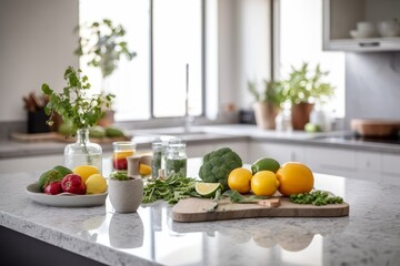 Modern kitchen with marble counter and vegetables and fruits on the table , healthy lifestyle , Generative AI