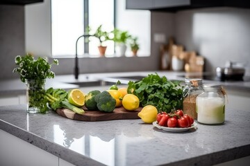 Obraz na płótnie Canvas Modern kitchen with marble counter and vegetables and fruits on the table , healthy lifestyle , Generative AI