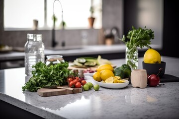 Modern kitchen with marble counter and vegetables and fruits on the table , healthy lifestyle , Generative AI - obrazy, fototapety, plakaty