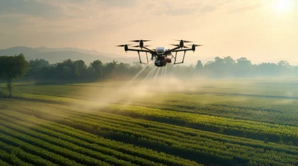 Deurstickers modern farming technology as an industrial drone soars over a lush green field, delivering precision spraying for increased productivity. © pvl0707