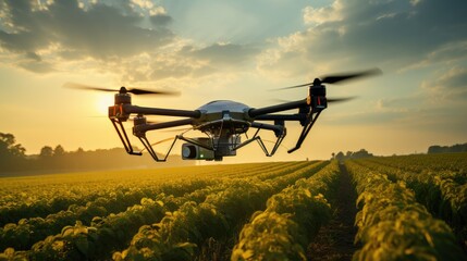 modern farming technology as an industrial drone soars over a lush green field, delivering precision spraying for increased productivity.
