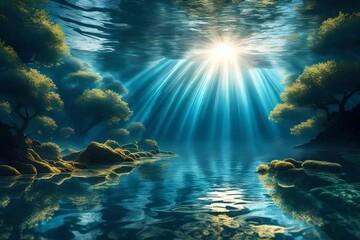 wale in the sea, in blue water,sunrays reflection in the water