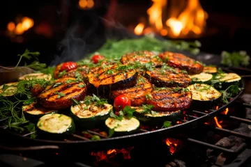 Sierkussen Restaurant Close-up of grilled vegetables cooking on a barbecue with flames and smoke.  © Nando Vidal