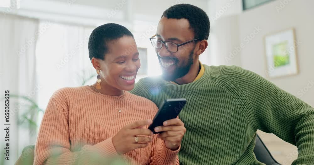 Wall mural Home, relax and black couple with a cellphone, typing and connection with communication, smile and post. People, African man and woman on a couch, smartphone and email notification with social media