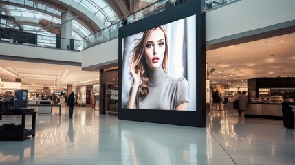 Blank Canvas for Promotion, endless possibilities of digital media on a black and white signboard in a shopping center.