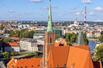 Aerial view of Collegiate Church of the Holy Cross and St Bartholomew from the tower of Wroclaw Cathedral, Ostrow Tumski, Wroclaw, Poland - obrazy, fototapety, plakaty