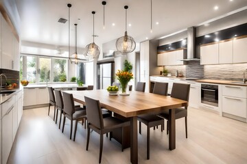 beautiful kitchen, with beautiful dinning table in kichen , - obrazy, fototapety, plakaty