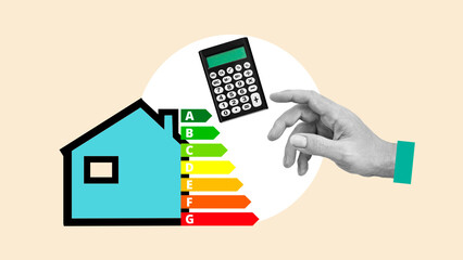 Energy Audit. Energy Efficient House, House Audit And Rate Label. Collage with house, calculator...