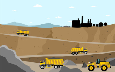 Mine landscape. Coal mining location with heavy equipment - obrazy, fototapety, plakaty