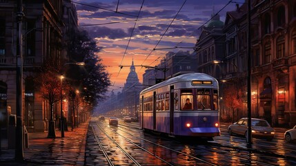 Fototapeta premium a painting of a trolley on a city street at night. generative ai