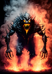 hairy demon monster crawling out from fire and smoke