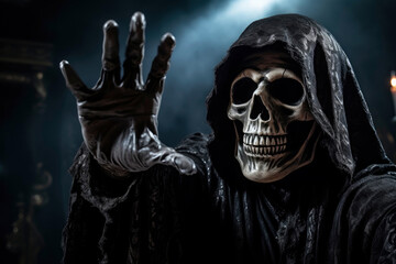 A Creepy halloween grim reaper holding out his hand on a scary dark background