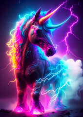 unicorn with flourecent lights with smoke and lightning