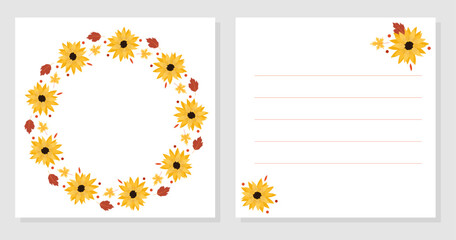 Autumn double sided card with sunflowers. Greeting card, invitation. World Teachers Day. International Day of Older Persons. Vector frame with leaves and flowers.