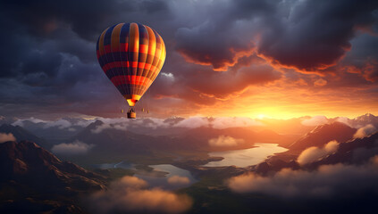 Obraz premium Air balloon in the sky at sunset colorful background