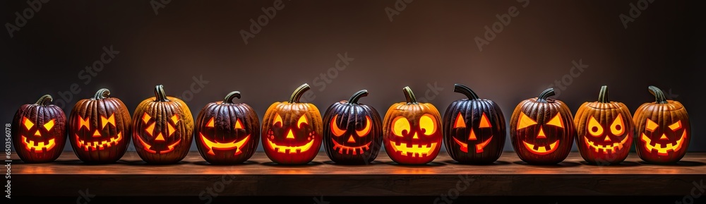 Poster many jack o' lanterns lit up generative ai