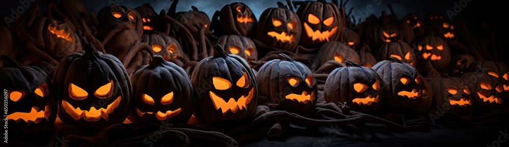 Poster halloween jackolanterns in dark background with a glow generative ai