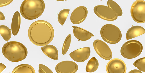 Many of flying trays with cloche ready to serve isolated on white background