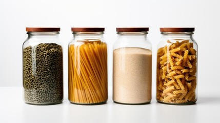 A variety of food items in jars, perfect for illustrating meal planning and home cooking.