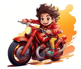  a young boy riding a red motorcycle on a white background.  generative ai