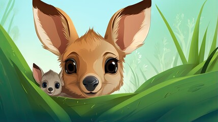  a baby kangaroo and its mother peeking out from the grass.  generative ai