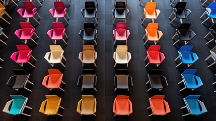 Fototapeta premium Rows of brightly colored chairs set up in a meeting room, awaiting attendees. Top view.