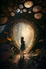 looking up tiltshift Enchanted forest magical tree of life covered in fairy doors little girl standing in front of tree surrounded by fairies secret garden Swiss family Robinson pixies golden hour  - obrazy, fototapety, plakaty