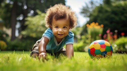 joy of childhood as a cute toddler explores with a multicolored ball on artificial green grass.