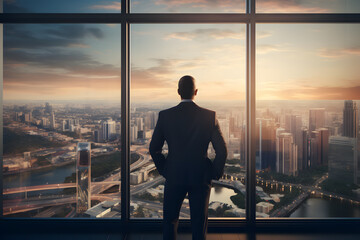Fototapeta na wymiar Business man looking out at city skyline through window