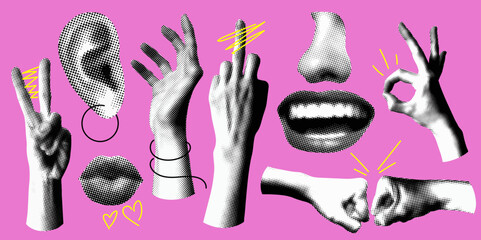 Set of retro halftone hands. Paper cutout elements. Hands gesture ok. Y2K style. Trendy vintage newspaper parts. Halftone collage element. Dotted pop art style. Fuck you symbol, lips. Fist bump