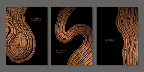 Set of templates. Luxury golden background with wood annual rings texture. Banner with tree ring pattern. Stamp of tree trunk in section. Natural wooden concentric circles. Black and bronze background