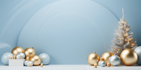 Christmas or New Years gold and white decorations on light blue background.