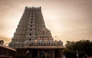 View of the main entrance tower of Arulmigu Arunachaleswarar Temple, Tiruvannamalai which represent...