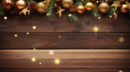 Rustic wooden backdrop with Christmas ornaments, creating a warm holiday atmosphere