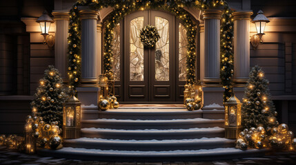 Residential home front door decorated for Christmas.