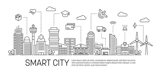 Smart city concept with editable stroke line. Modern town enviroment sustainable connected buildings. Vector isolated concept	