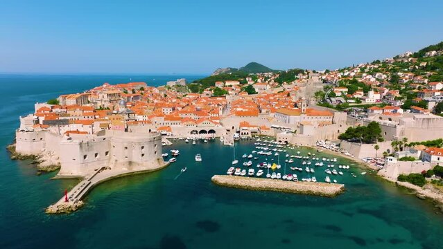 Aerial view of the harbor at the old town of Dubrovnik in Croatia.