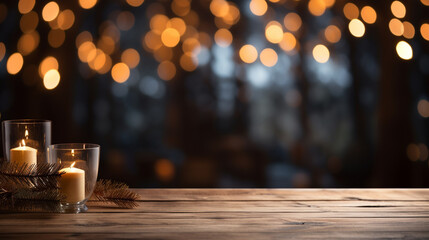A wood table, tabletop product display with fairy lights under it and a festive Christmas background of Christmas tree and fairy lights